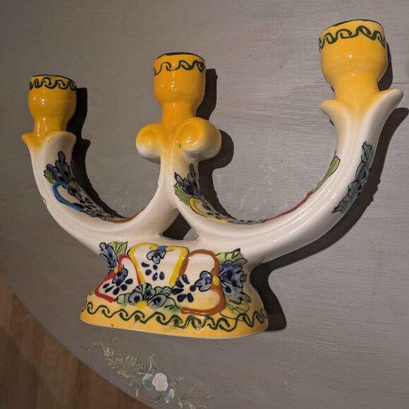 Mexican Folk Art Multi Color Talavera Pottery 3 Arm Candelabra Gold Cobalt Blue - Picture 2 of 5